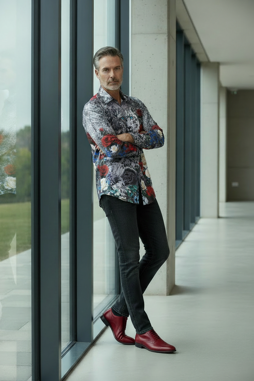 Snow Leopard Poppy Garden Shirt - Black & Red Floral Print