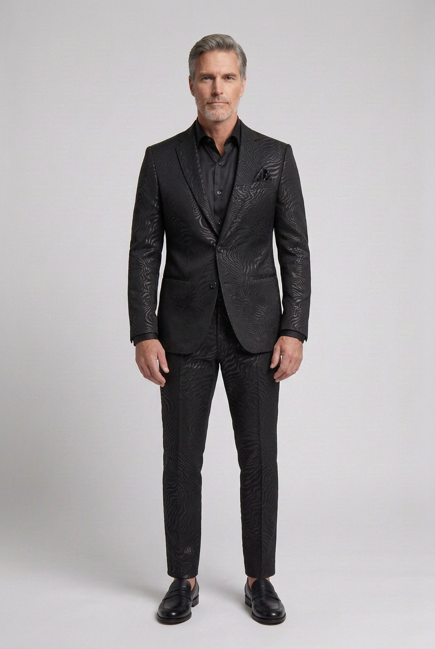 Men’s Black Tonal Wave-Pattern Pants