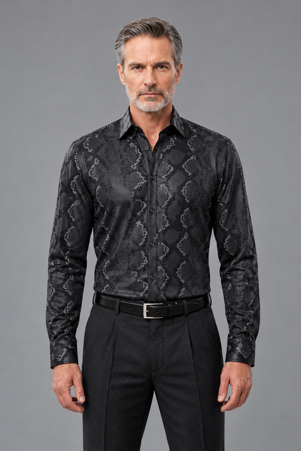 Snakeskin-Inspired Print Button-Down Shirt – Black & Charcoal