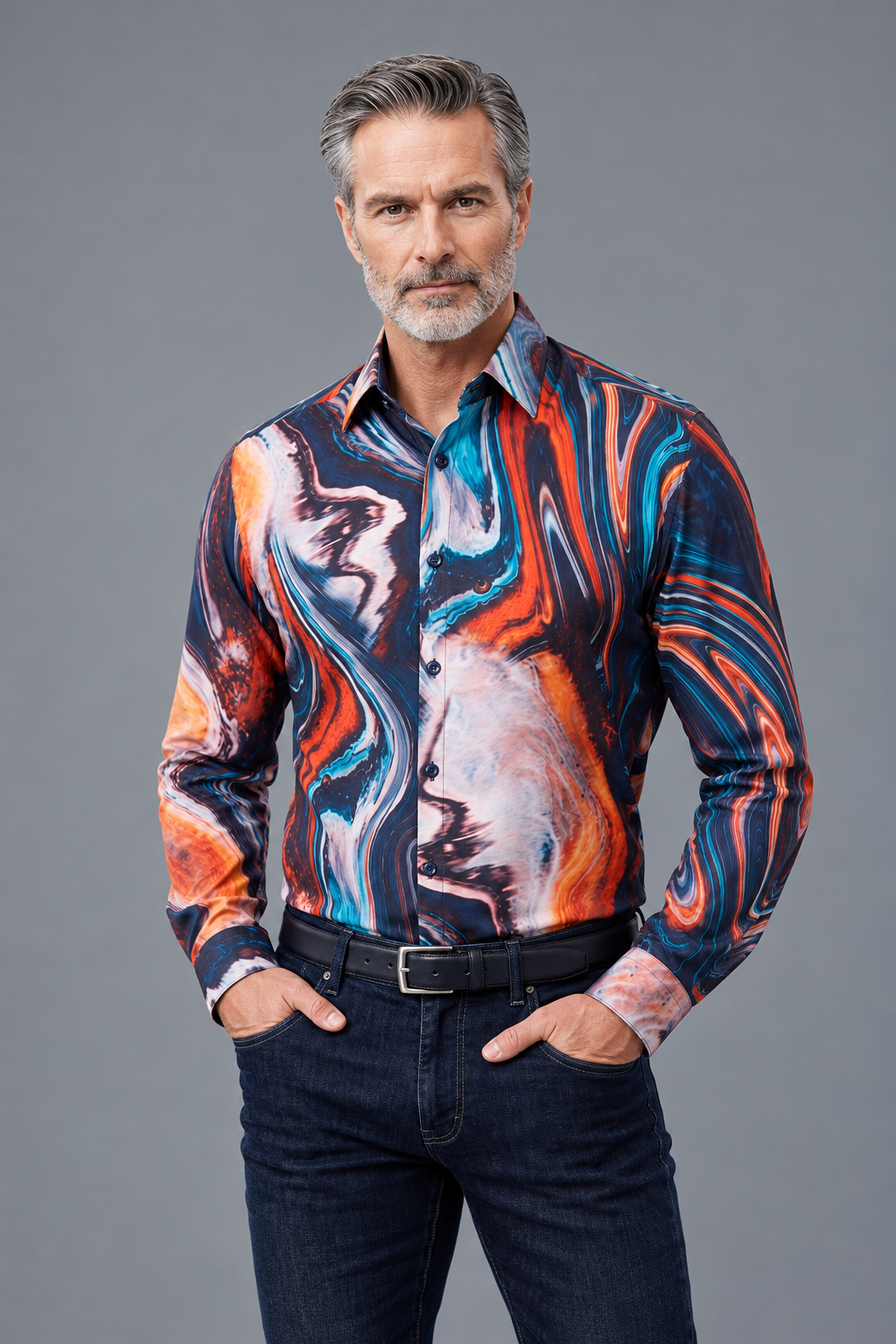 Abstract Marble Print Button-Down Shirt – Navy & Multicolor