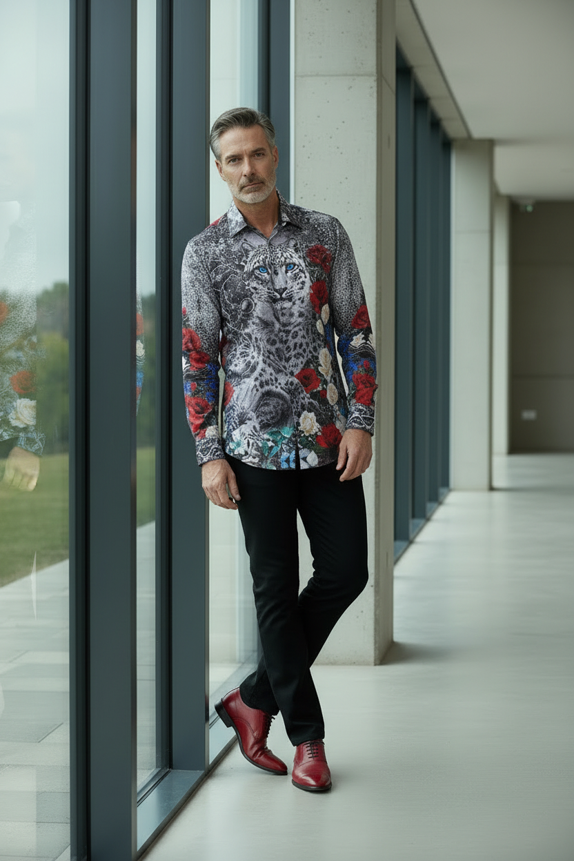 Snow Leopard Poppy Garden Shirt - Black & Red Floral Print