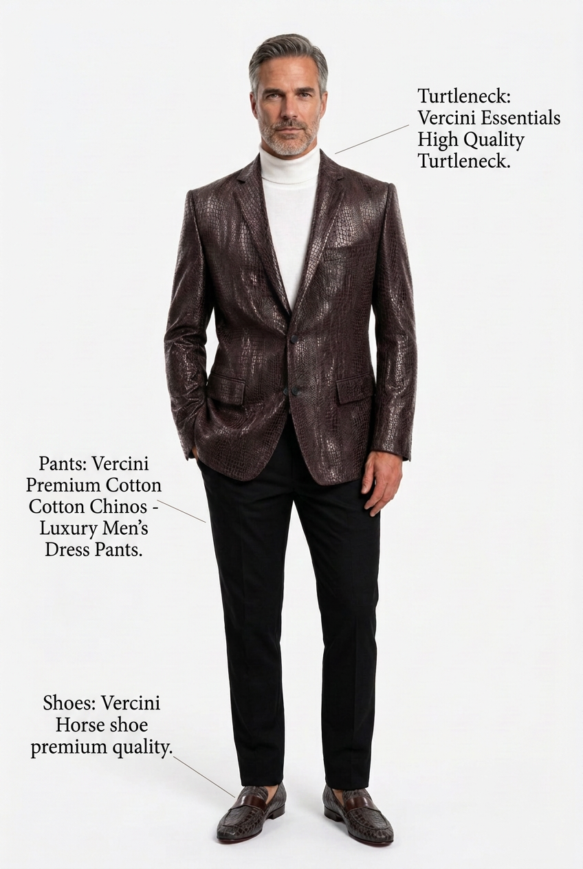 Model H outfit labeled with Vercini Essentials High Quality Turtleneck, Vercini Premium Cotton Chinos - Luxury Men's Dress Pants, and Vercini Horse shoe premium quality