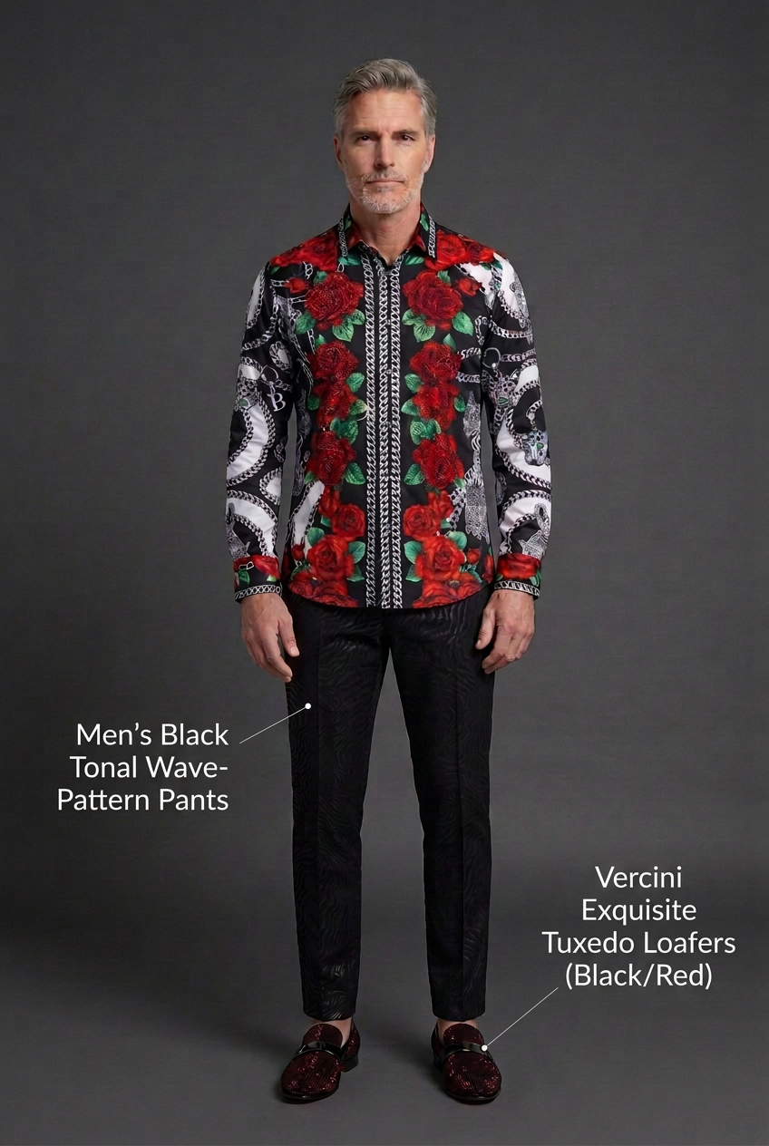 Model H outfit with pants and shoes labeled