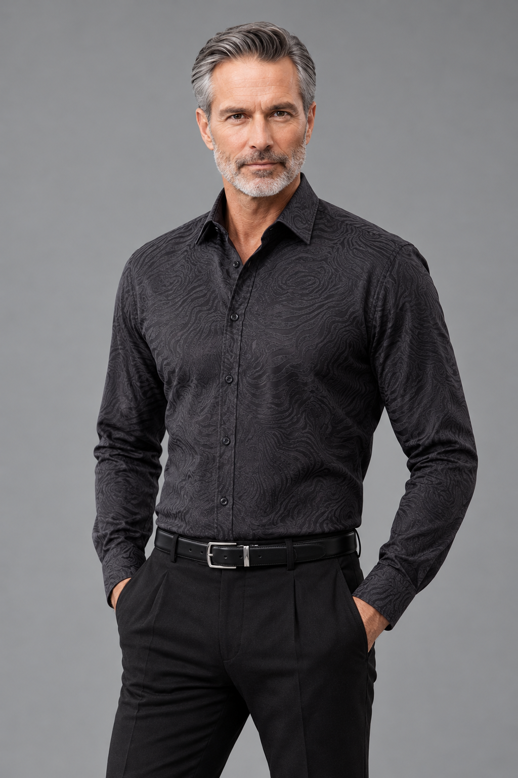 Tonal Swirl Print Button-Down Shirt – Charcoal
