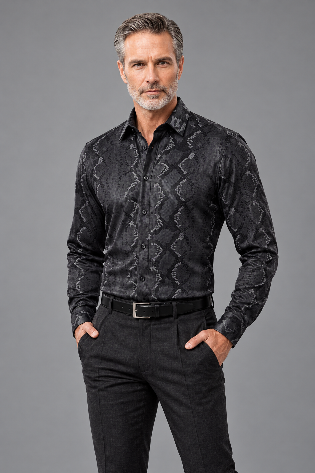 Snakeskin-Inspired Print Button-Down Shirt – Black & Charcoal