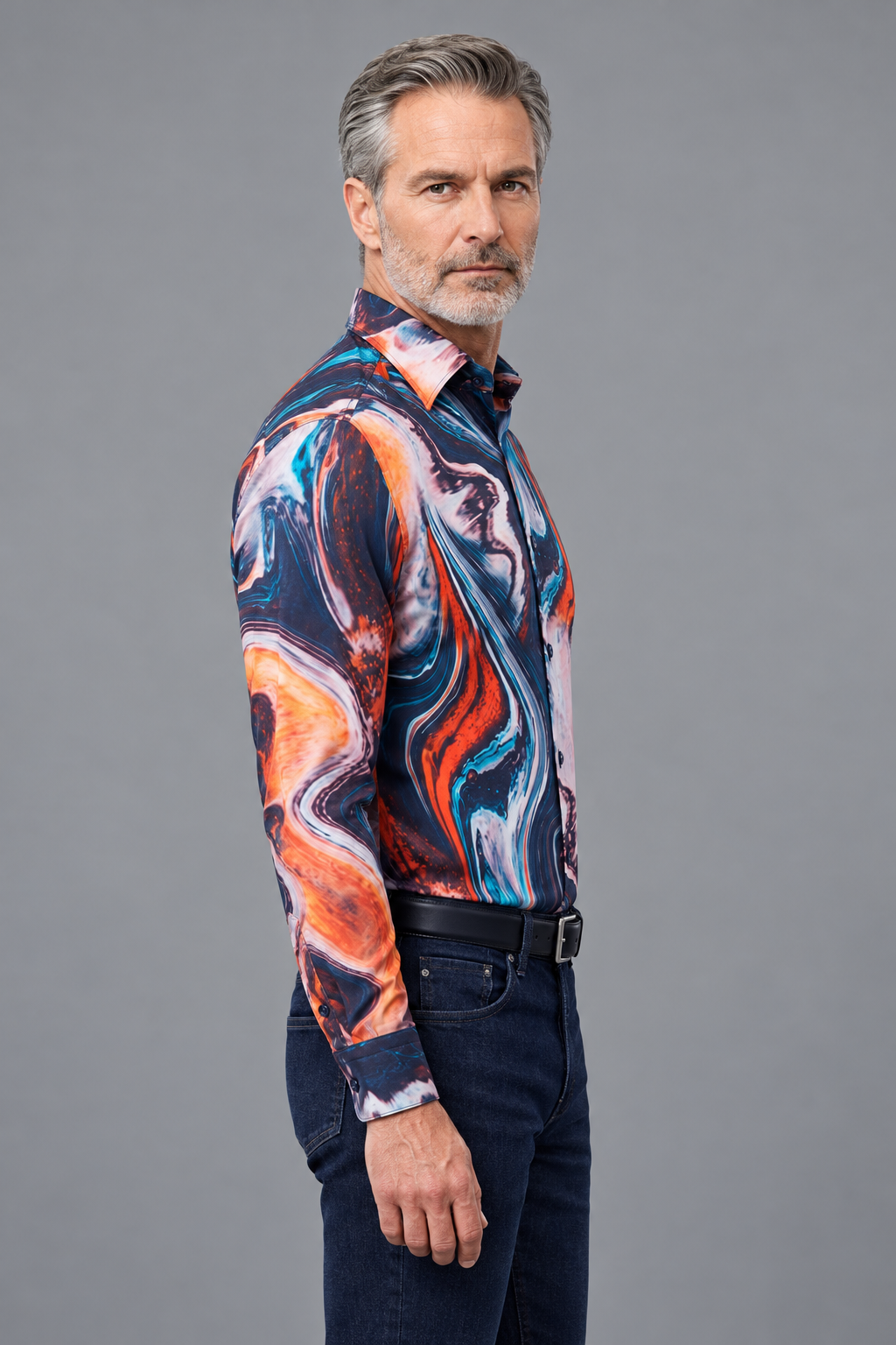 Abstract Marble Print Button-Down Shirt – Navy & Multicolor