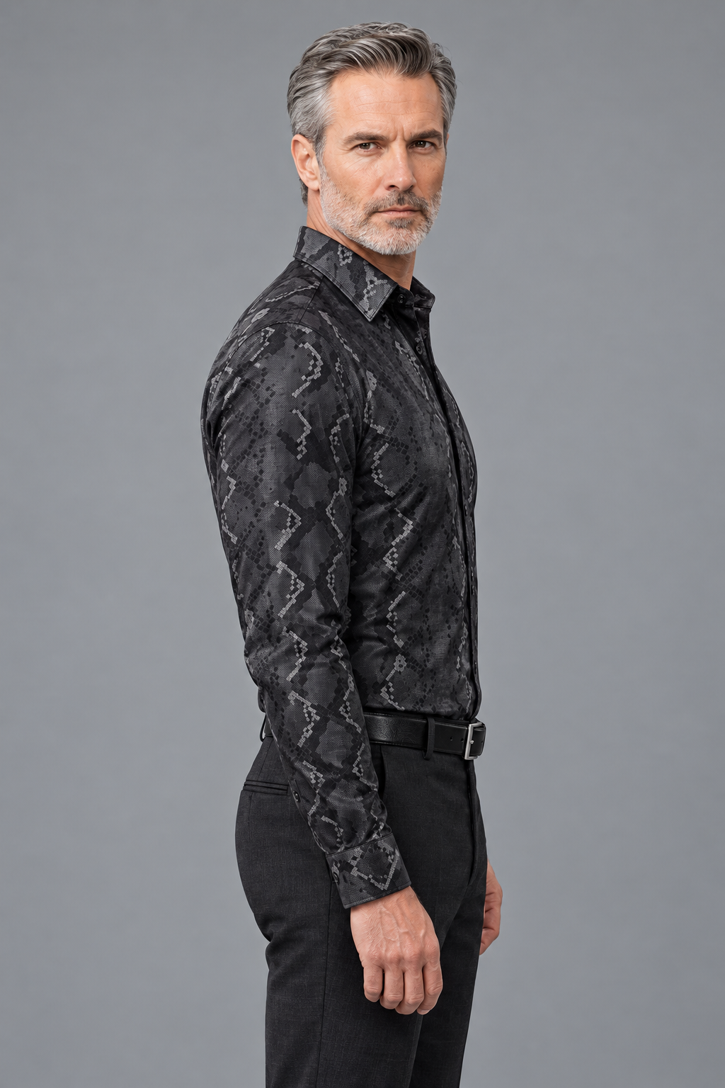 Snakeskin-Inspired Print Button-Down Shirt – Black & Charcoal