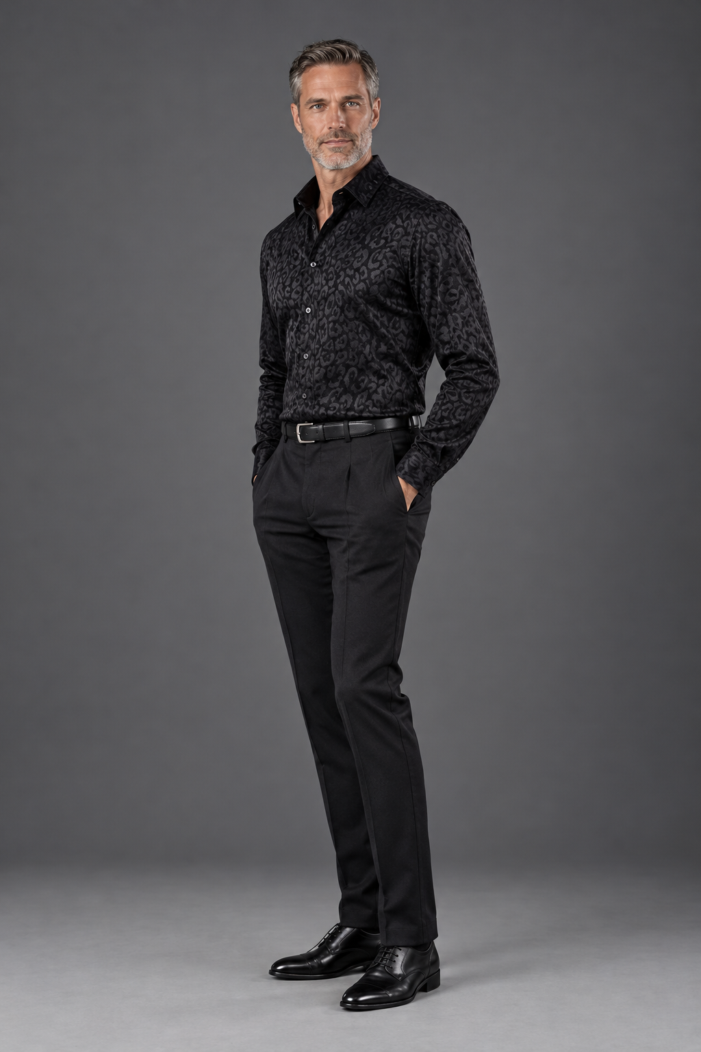 Men’s Black Tonal Print Long-Sleeve Button-Up Shirt