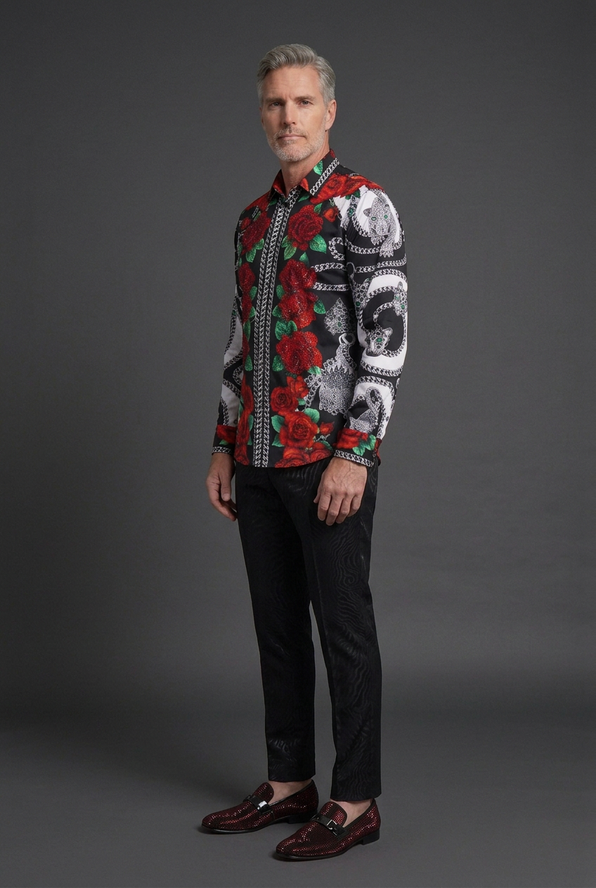 Men’s Black Rose & Chain-Print Button-Up Shirt