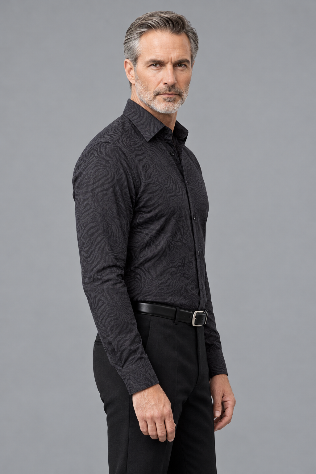 Tonal Swirl Print Button-Down Shirt – Charcoal