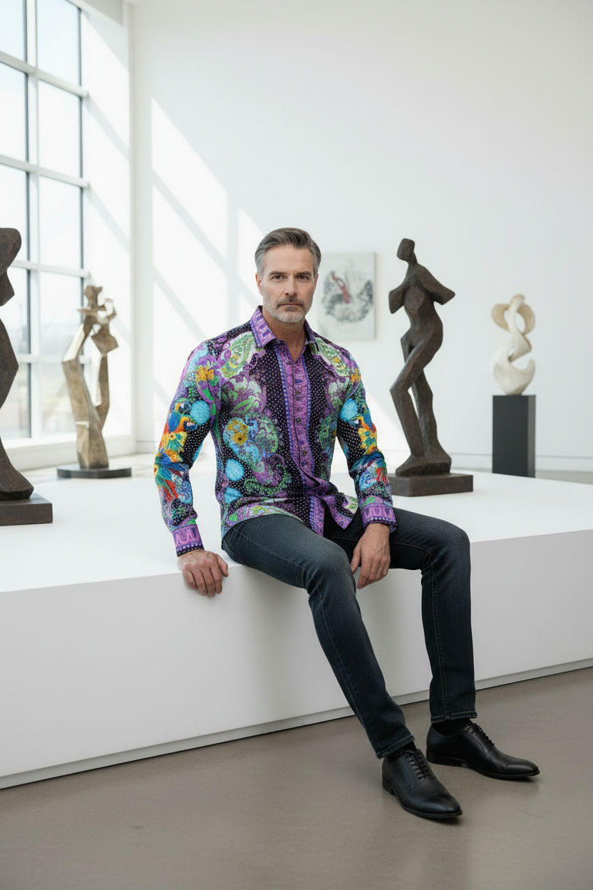 Baroque Parrot Paradise Shirt - Purple & Turquoise Multi-Color Print