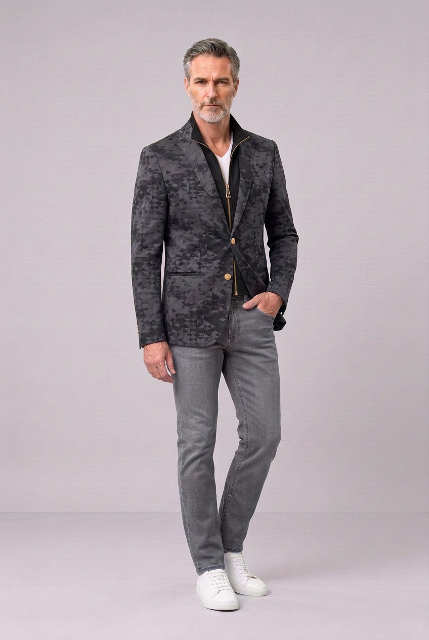 Men’s Charcoal Geometric Zip-Front Blazer
