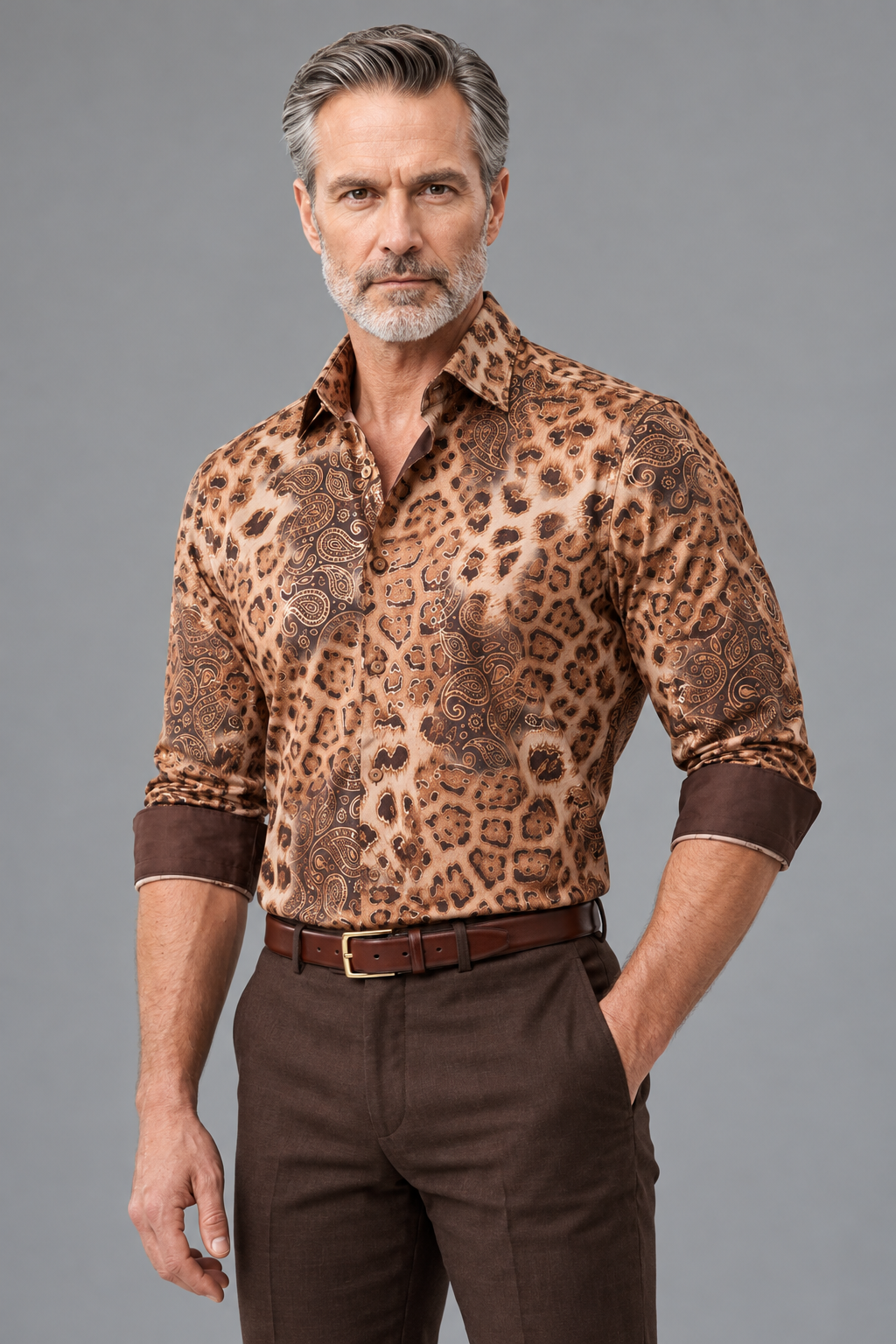 Leopard & Paisley Print Button-Down Shirt – Tan & Brown