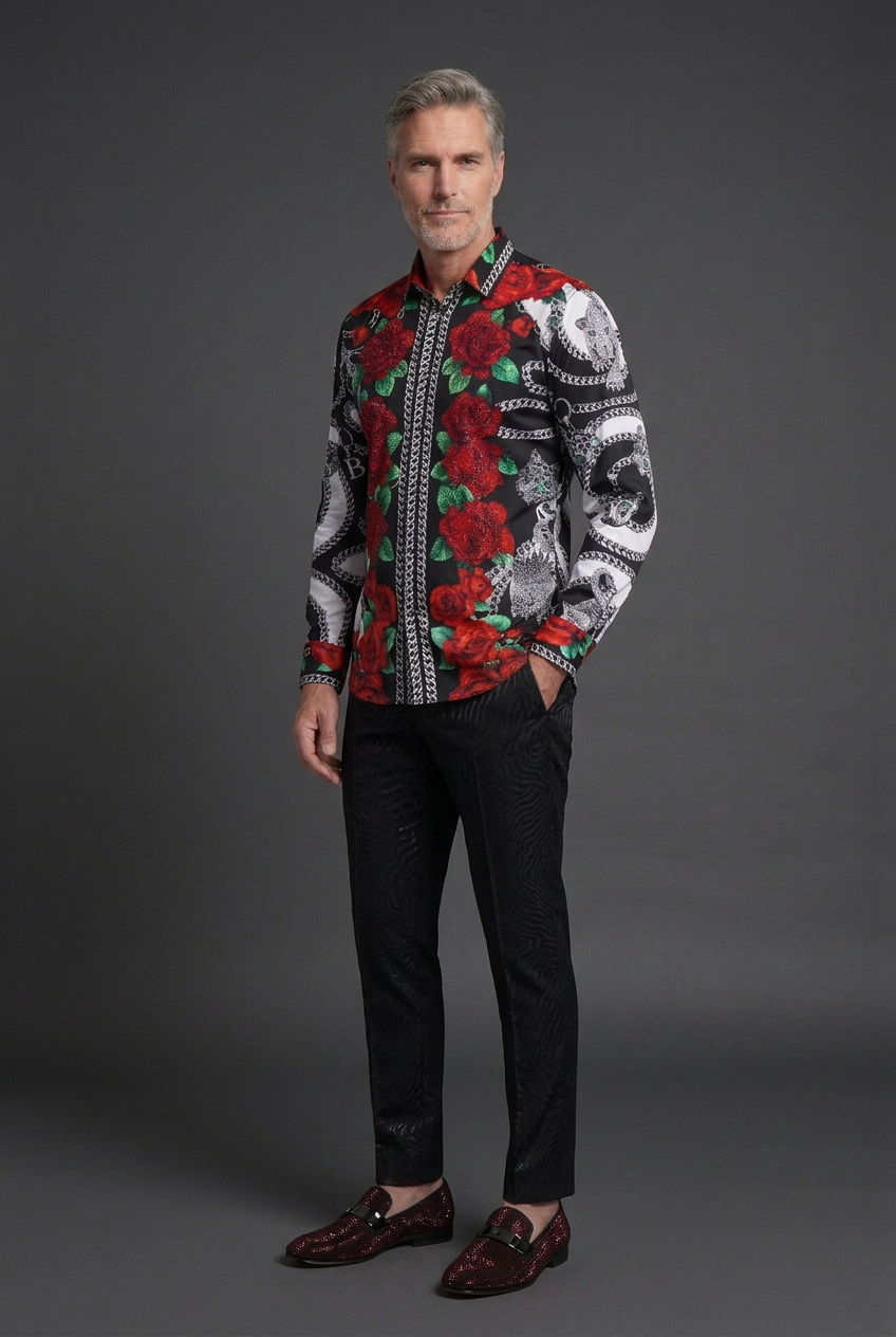 Men’s Black Rose & Chain-Print Button-Up Shirt