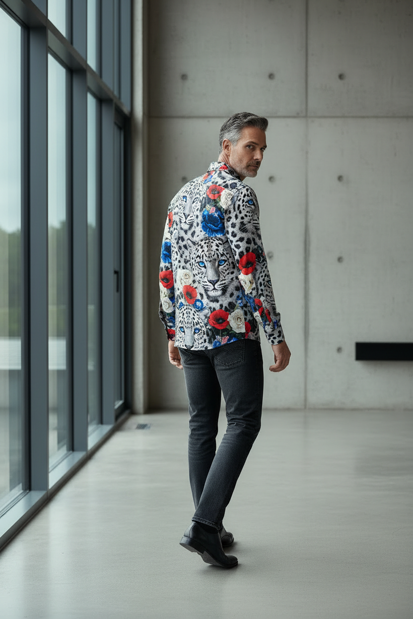 Snow Leopard Poppy Garden Shirt - Black & Red Floral Print