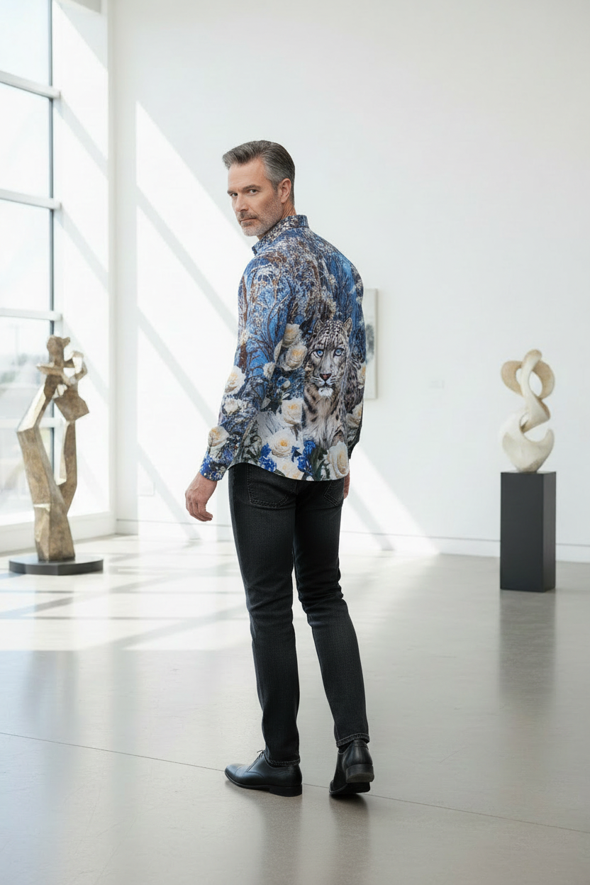 Snow Leopard Azure Garden Shirt - Blue & White Floral Print