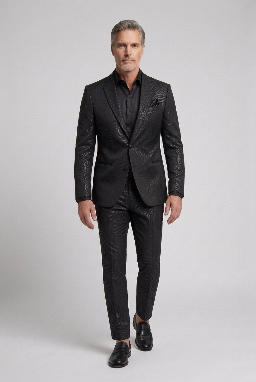 Men’s Black Tonal Wave-Pattern Pants