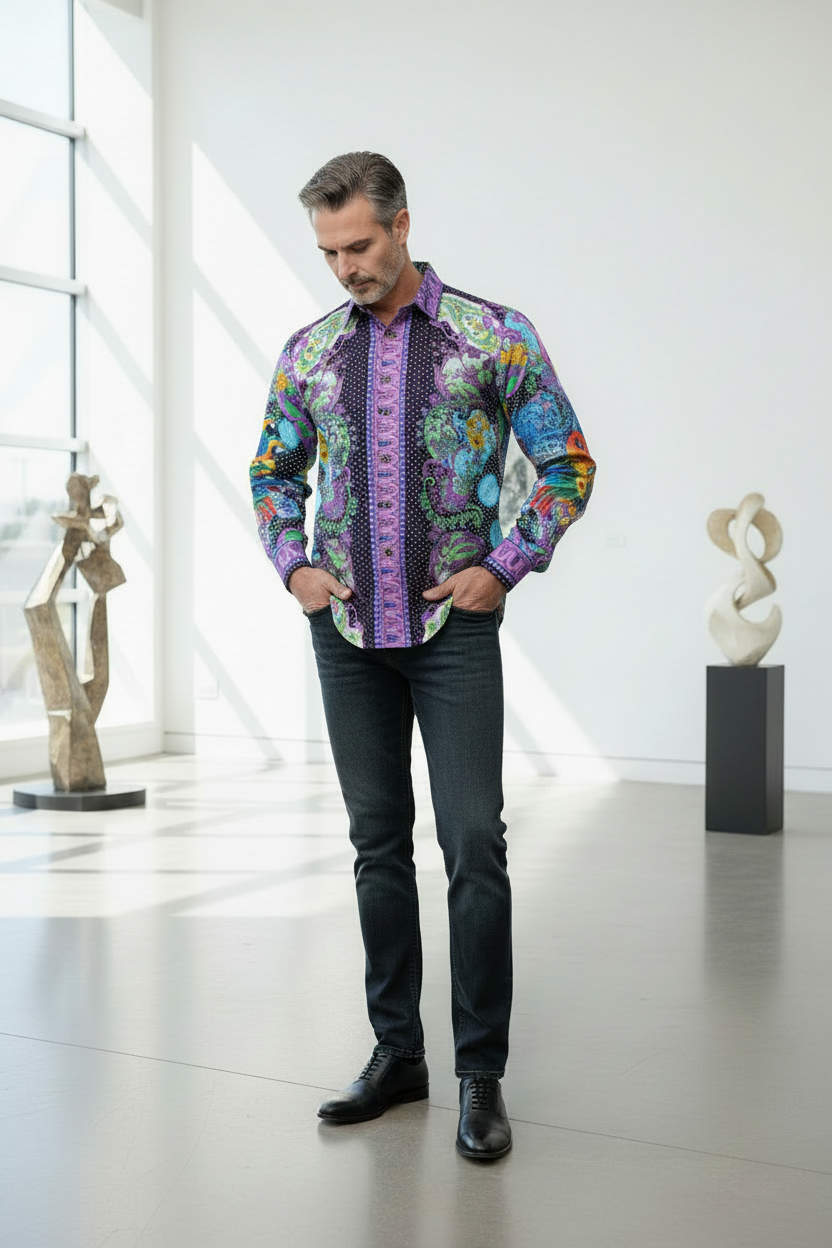 Baroque Parrot Paradise Shirt - Purple & Turquoise Multi-Color Print