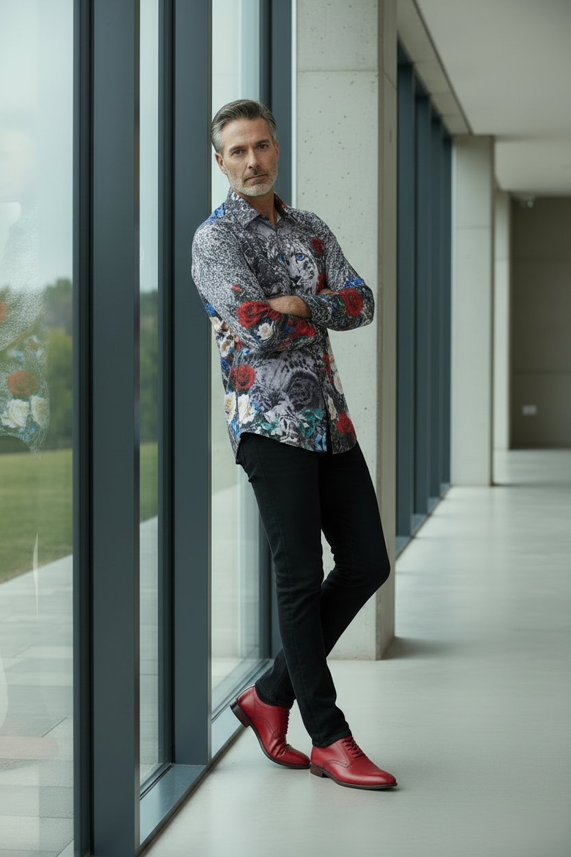 Snow Leopard Poppy Garden Shirt - Black & Red Floral Print