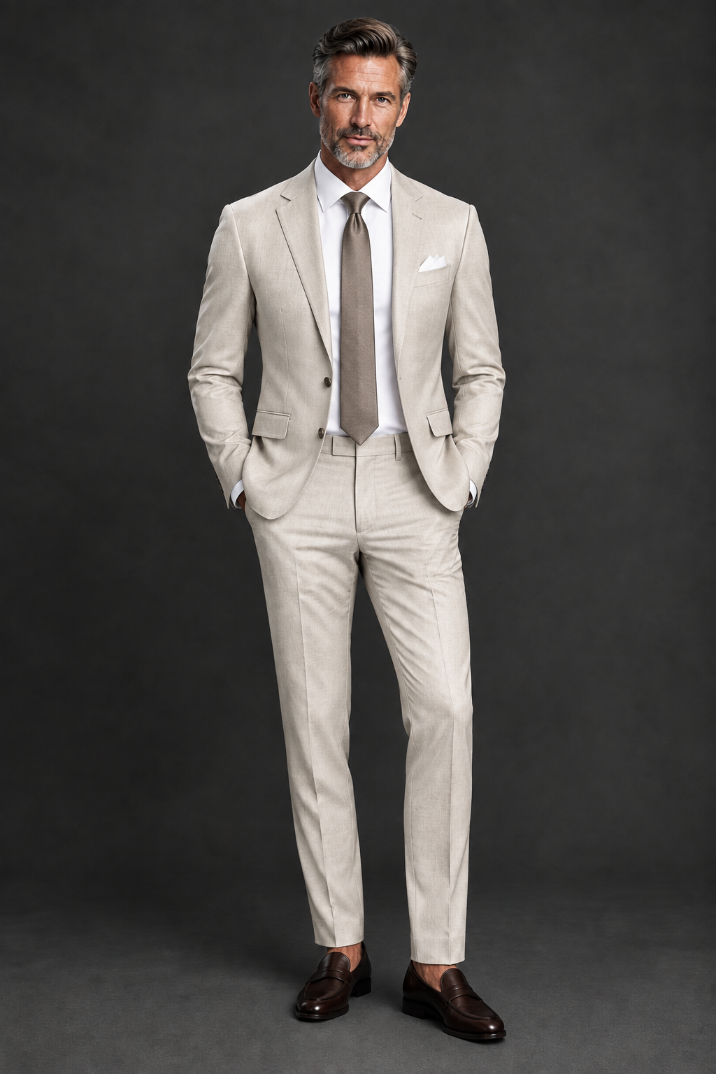 Model in two-piece beige suit with white shirt and taupe tie