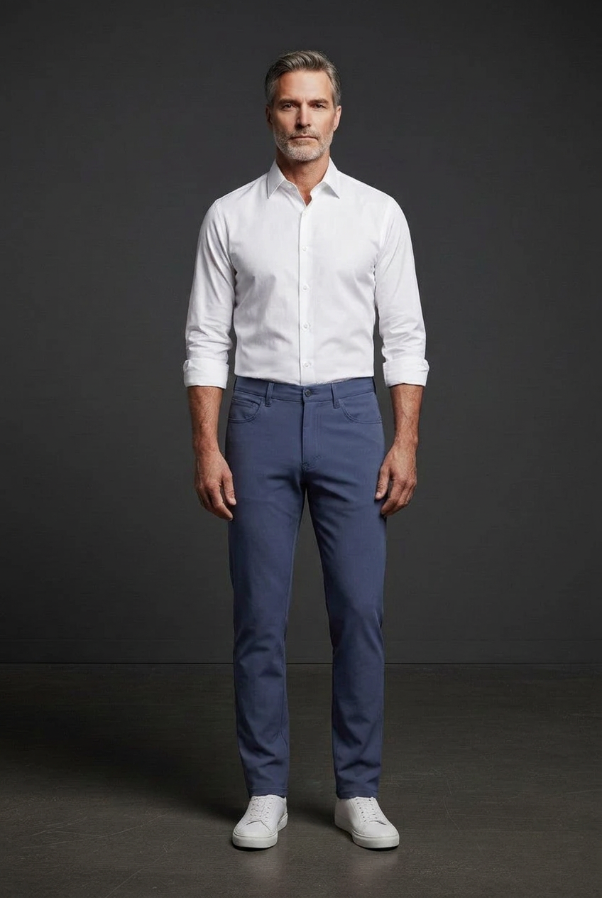 Model wearing blue jeans