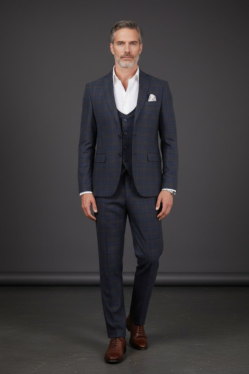 Navy Blue & Brown Plaid Three-Piece Vested Suit