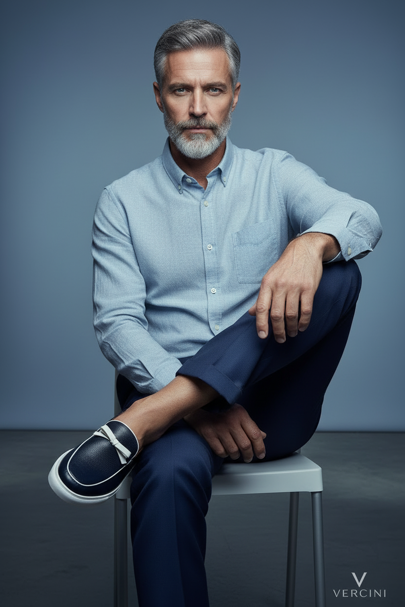 Navy loafer seated