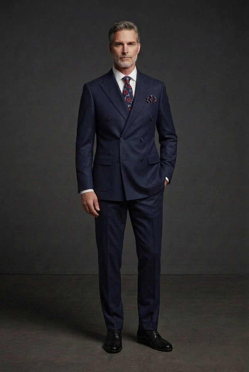 Navy suit three-quarter floral tie pose