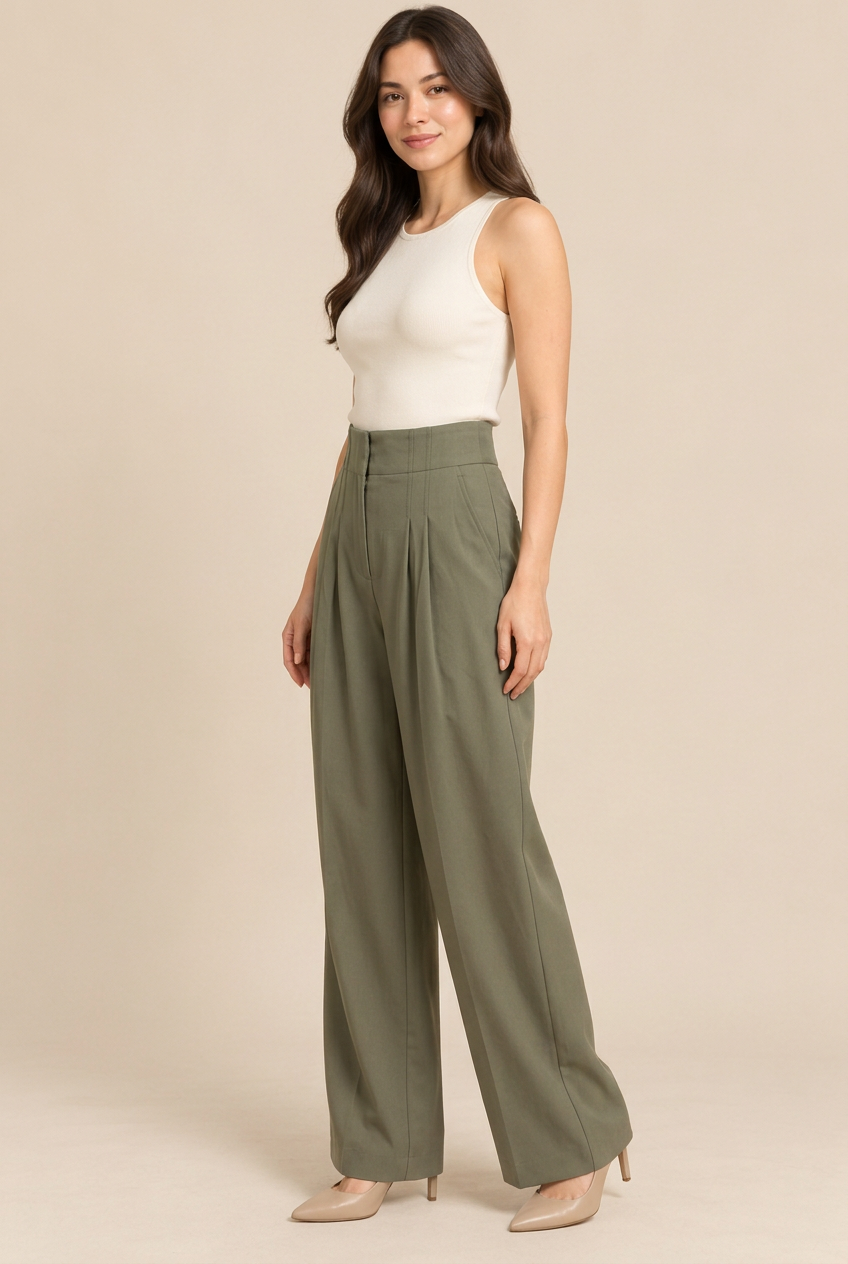 Olive pants side-profile pose