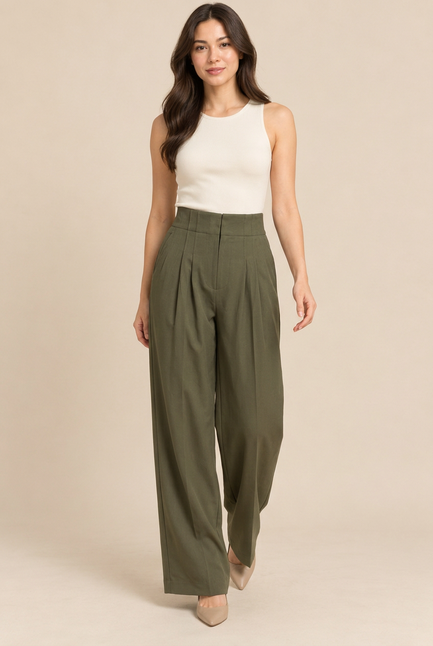 Olive pants walking pose