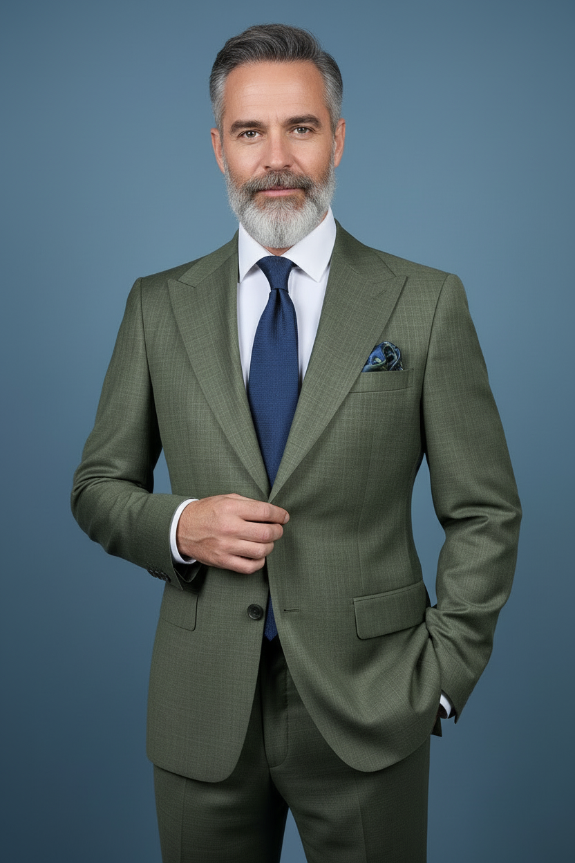 Olive suit with blue tie adjusting jacket
