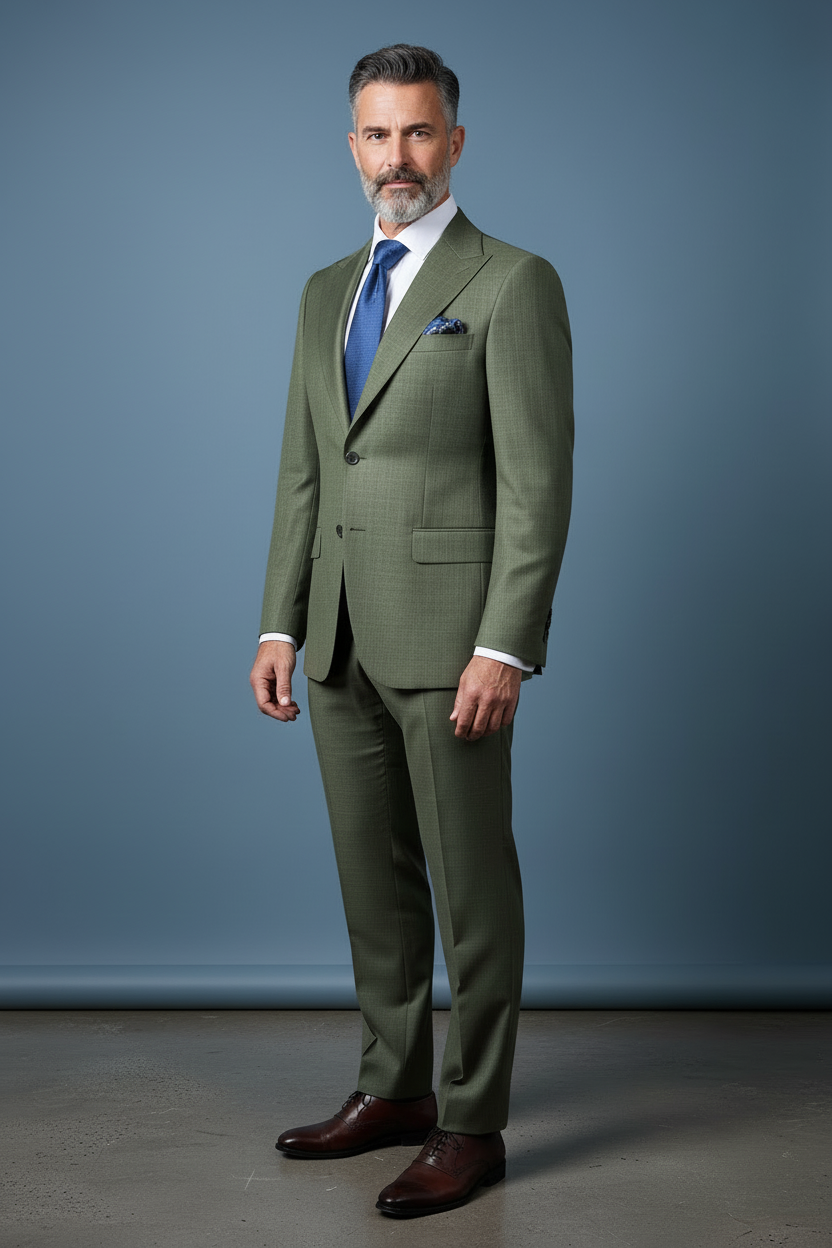 Olive suit with blue tie three-quarter turn