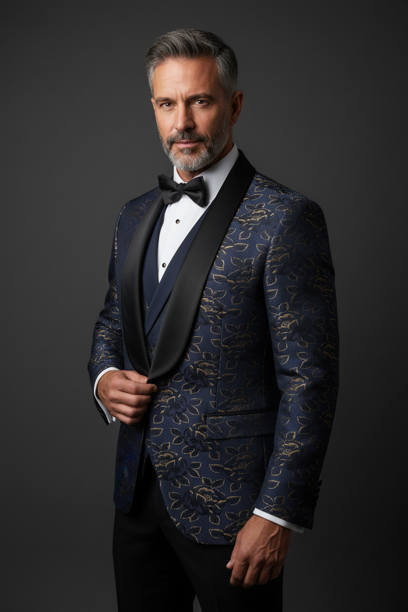 Midnight Blue & Gold Floral Tuxedo with Satin Shawl Lapel