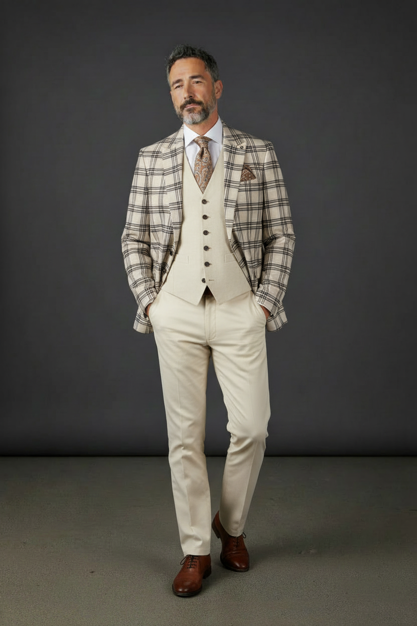Cream & Black Plaid Blazer - Three-Piece Windowpane Suit
