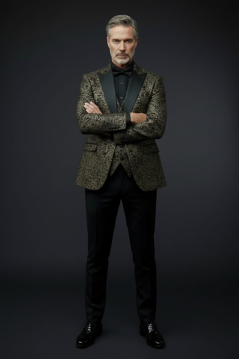 Gold Geometric Jacquard Tuxedo Suit
