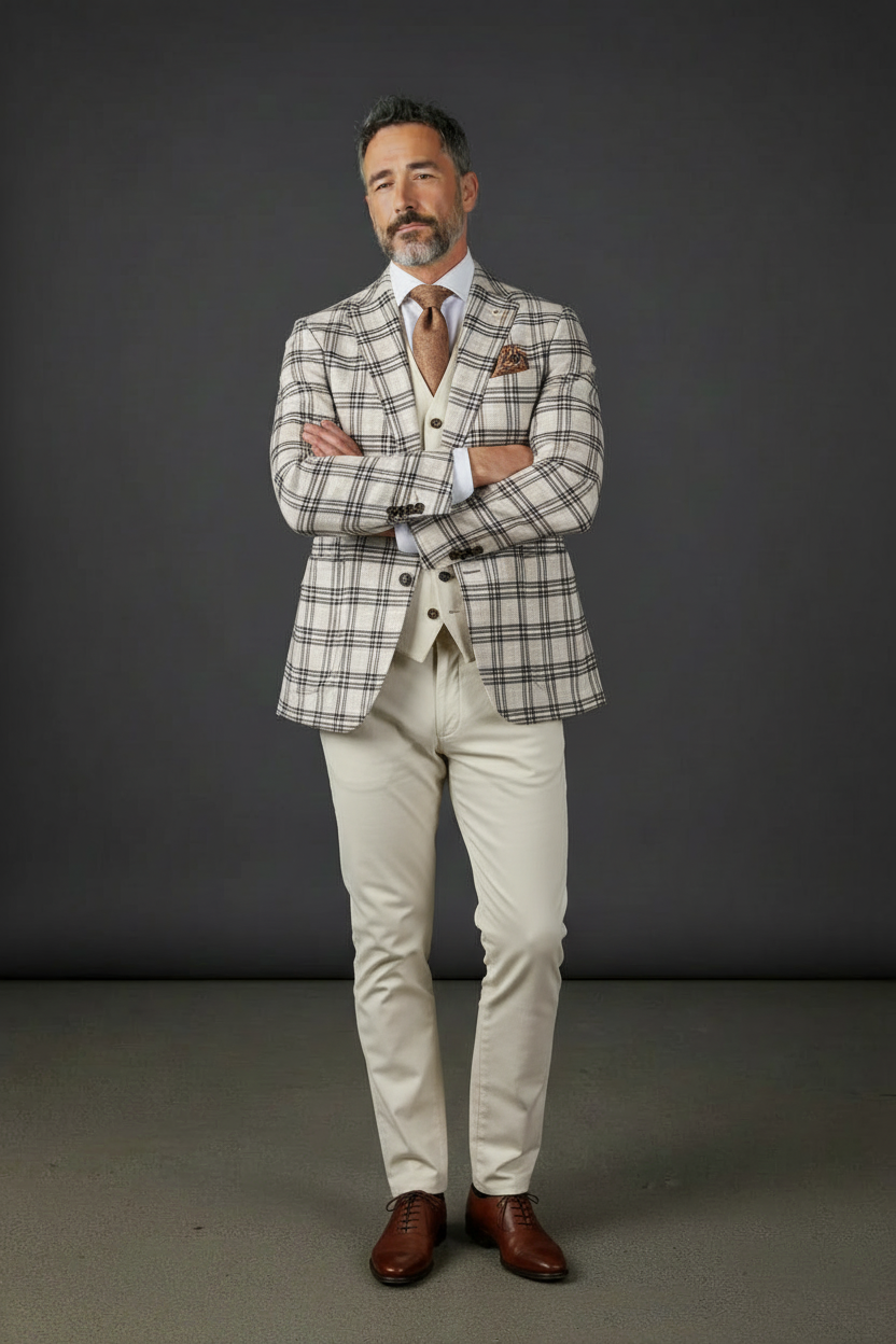 Cream & Black Plaid Blazer - Three-Piece Windowpane Suit