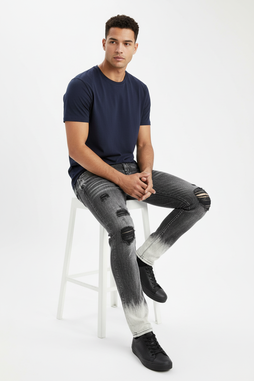 Pose 4 - Navy blue t-shirt, seated