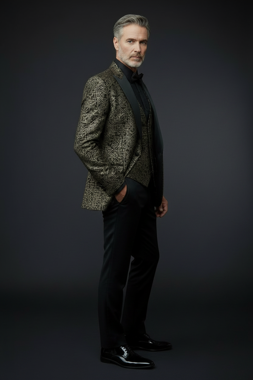 Gold Geometric Jacquard Tuxedo Suit