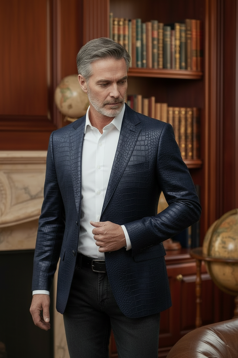 Luxury Crocodile Embossed Blazer - Cognac Brown/black