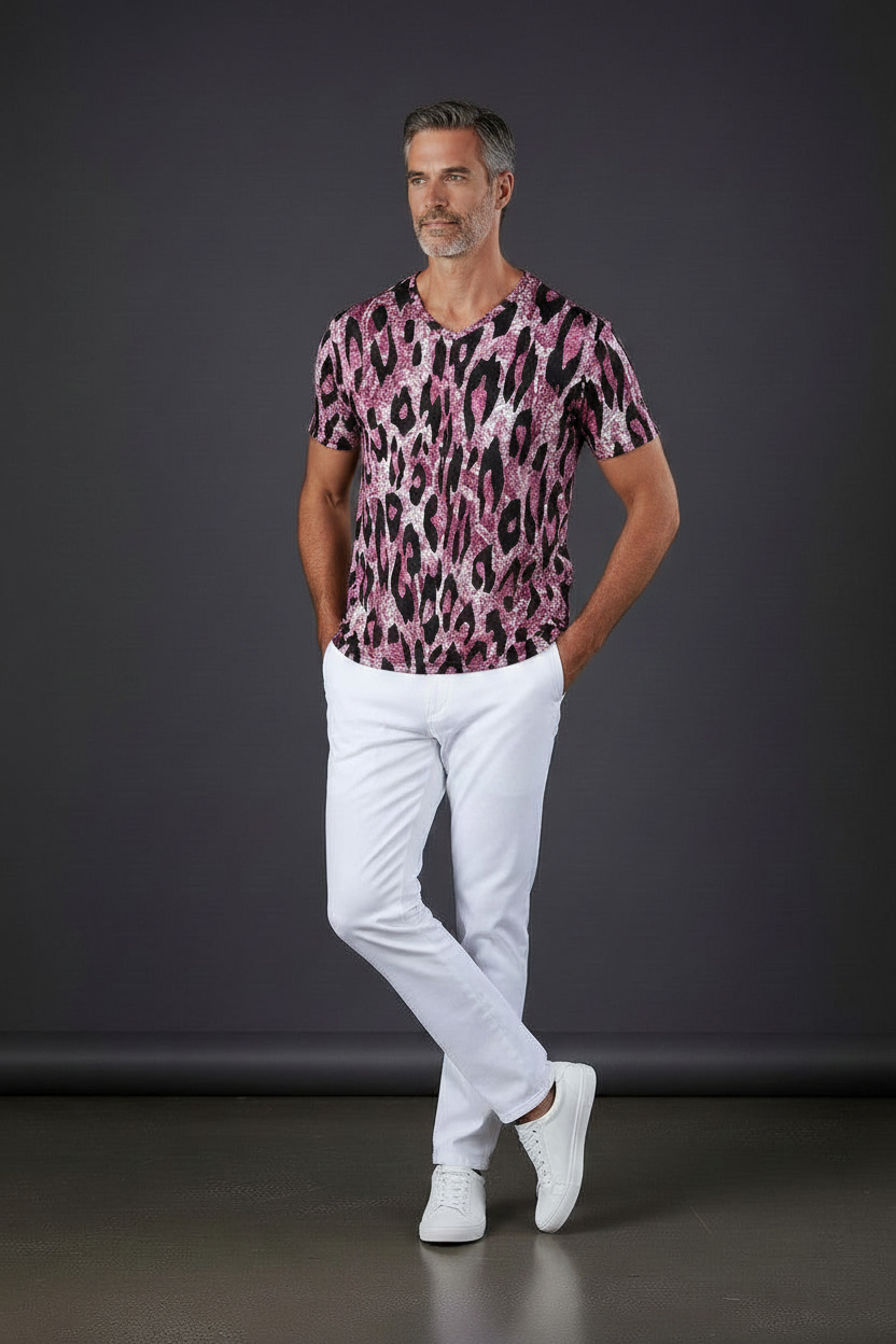 Pink Leopard Snake Print V-Neck T-Shirt