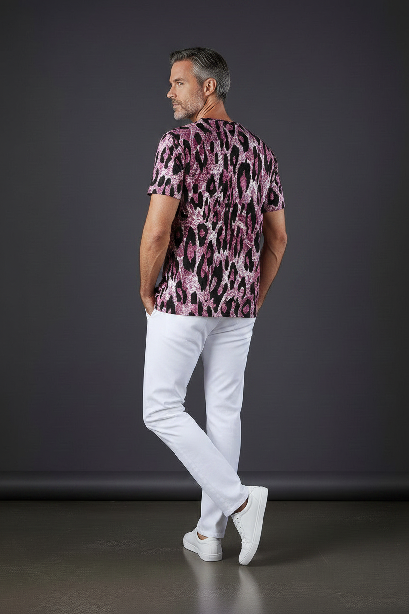 Pink Leopard Snake Print V-Neck T-Shirt