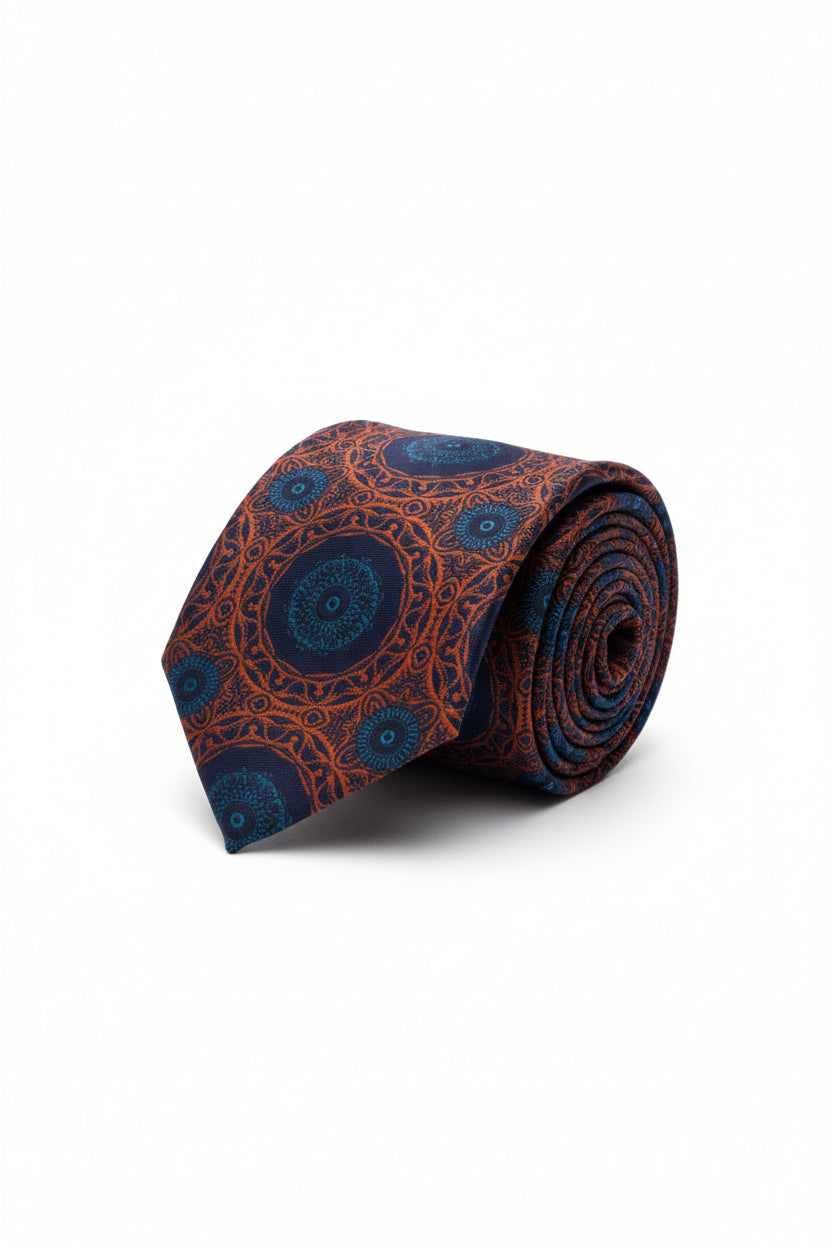 Navy Copper Medallion Tie with Pocket Square Set