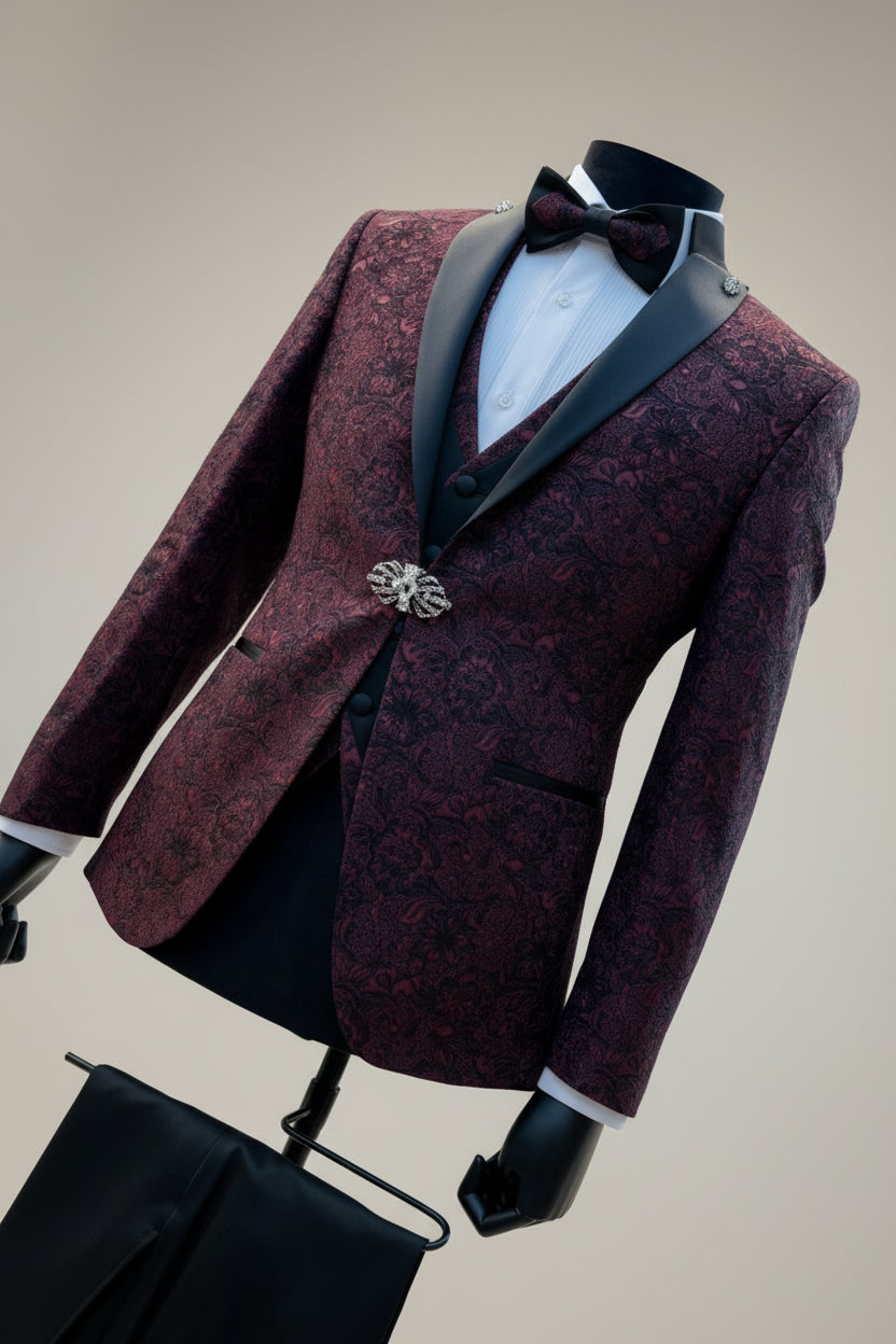 Burgundy Tuxedo with Crochet Pattern - Slim Fit