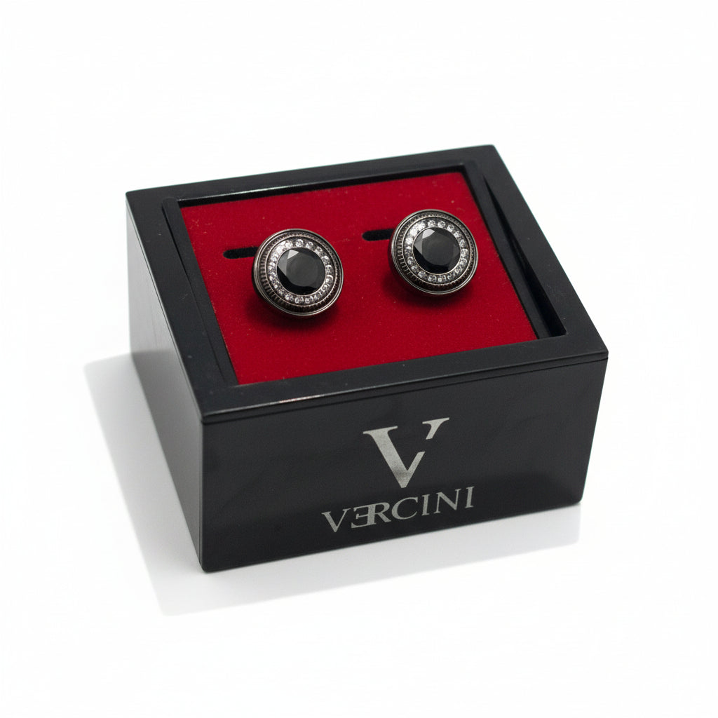Vercini Men's Gunmetal Circular Cufflinks – Black Onyx-Style Center with Crystal Halo