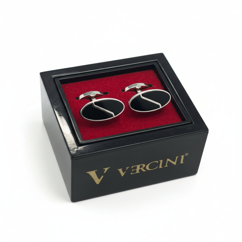 Vercini Men's Oval Onyx-Inlay Silver-Tone Cufflinks