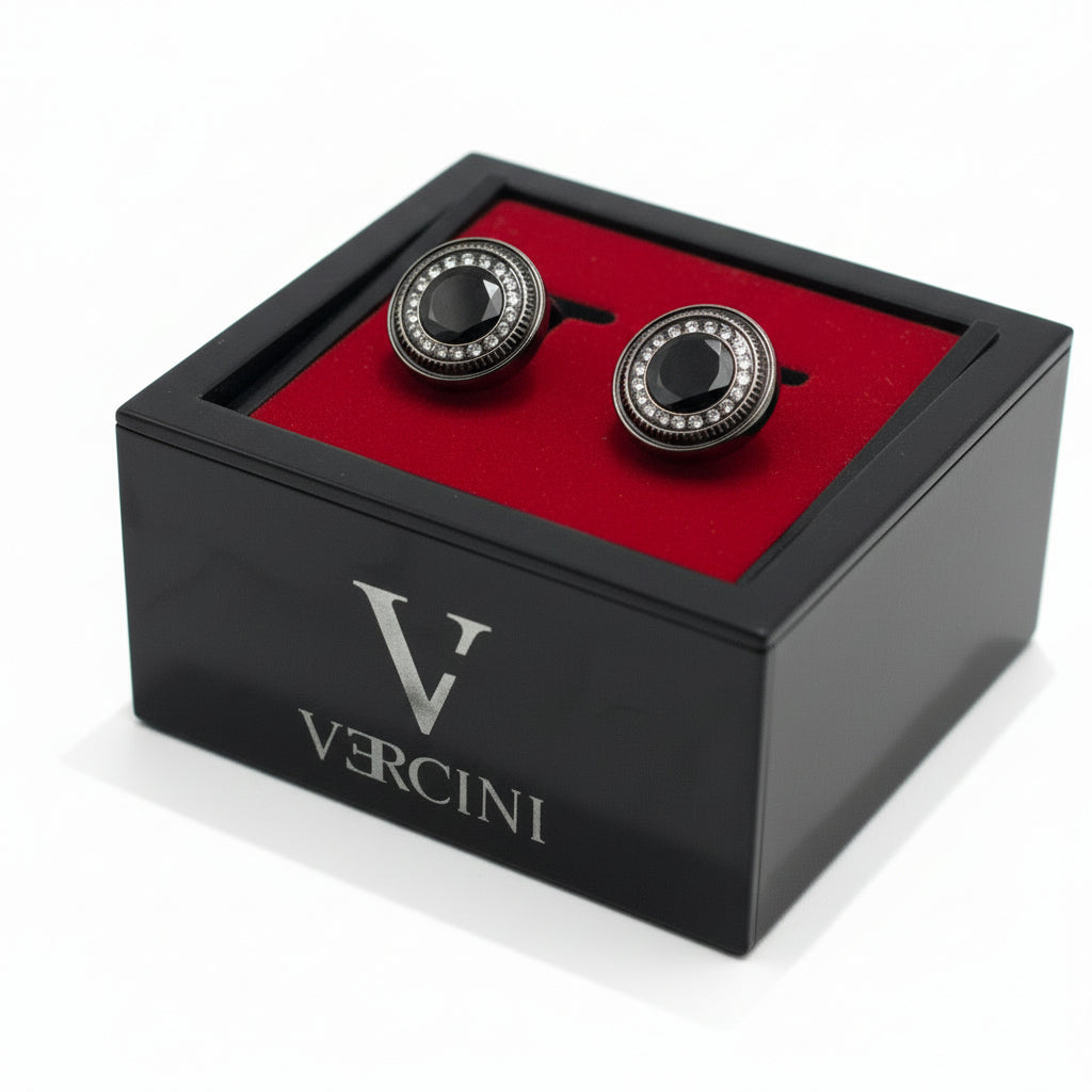 Vercini Men's Gunmetal Circular Cufflinks – Black Onyx-Style Center with Crystal Halo