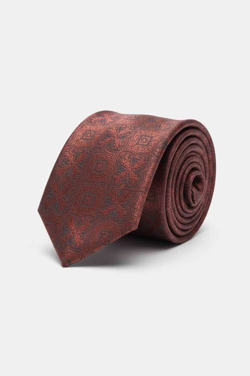 Rust Geometric Pattern Tie with Pocket Square Set