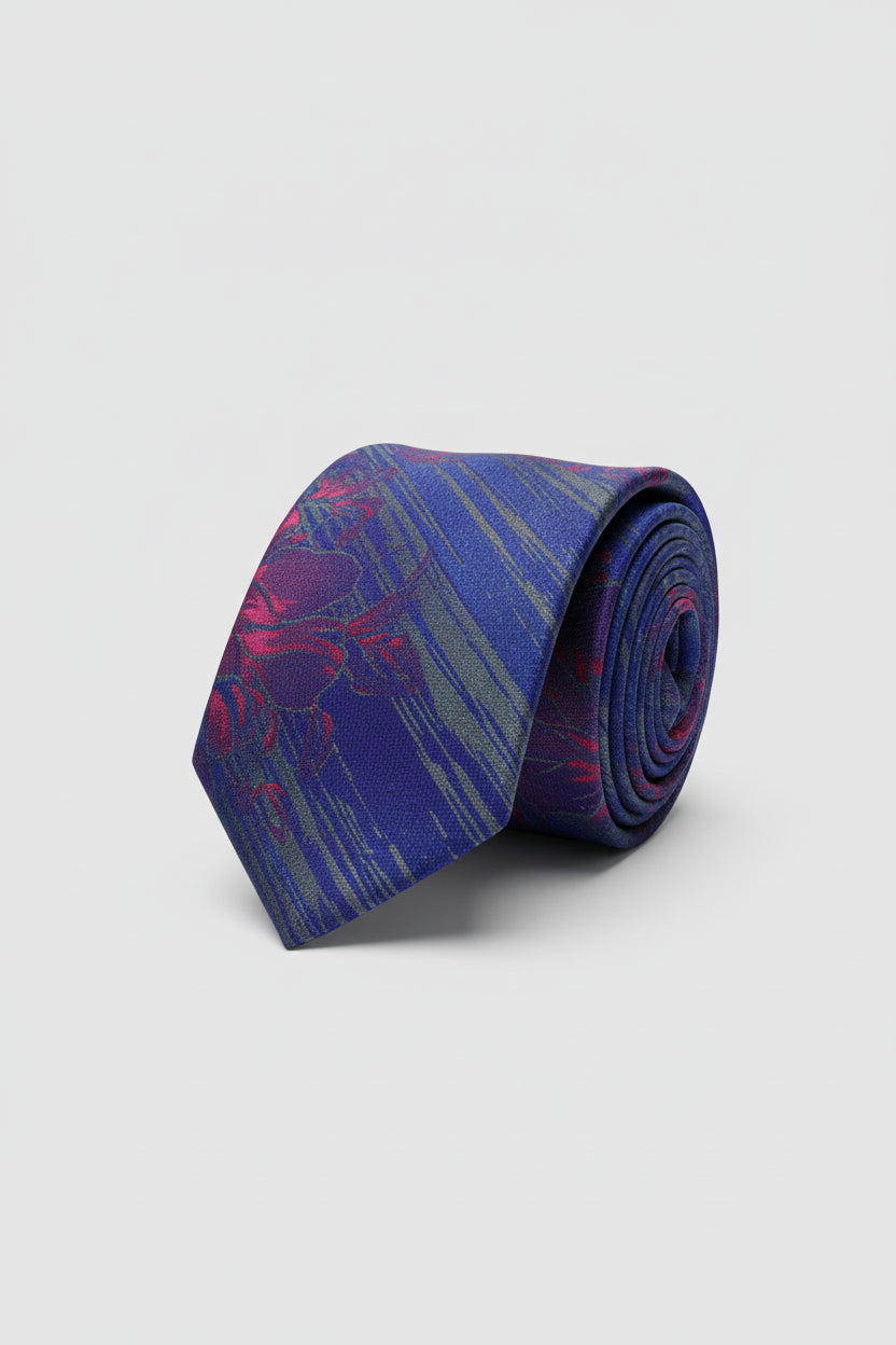 Elegant Bloom Navy Tie with Red Rose and Green Accents