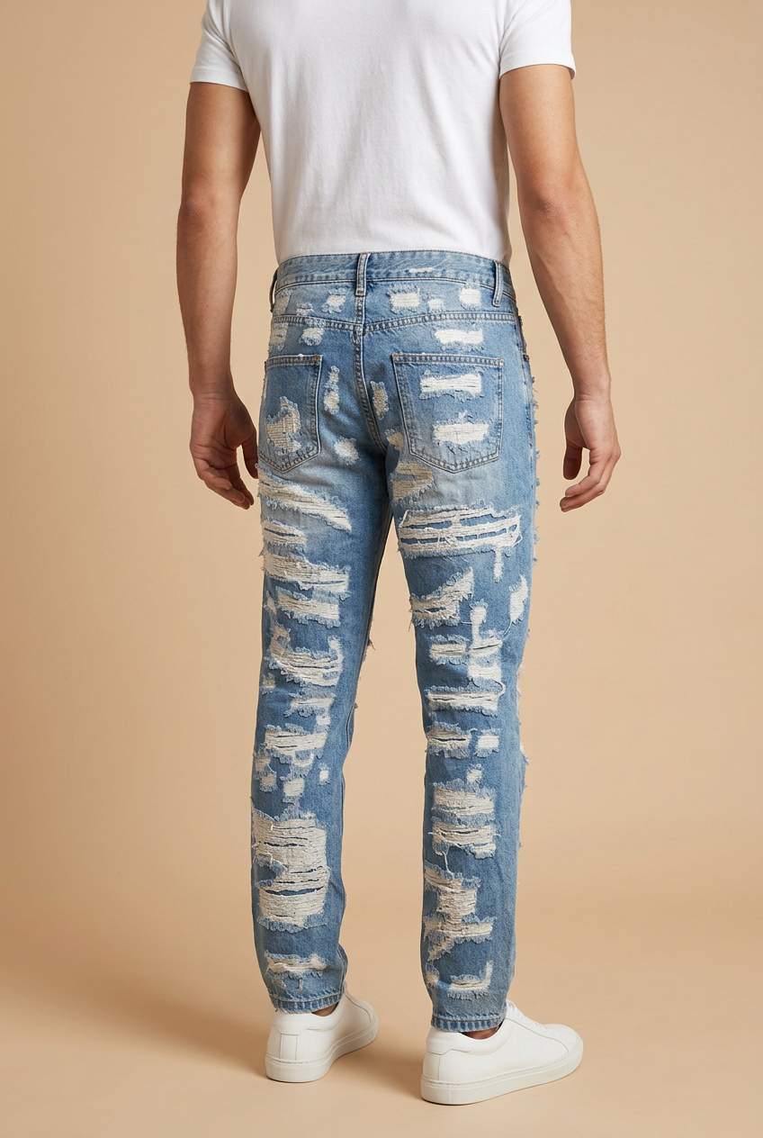 Rear three-quarter model wearing distressed blue jeans