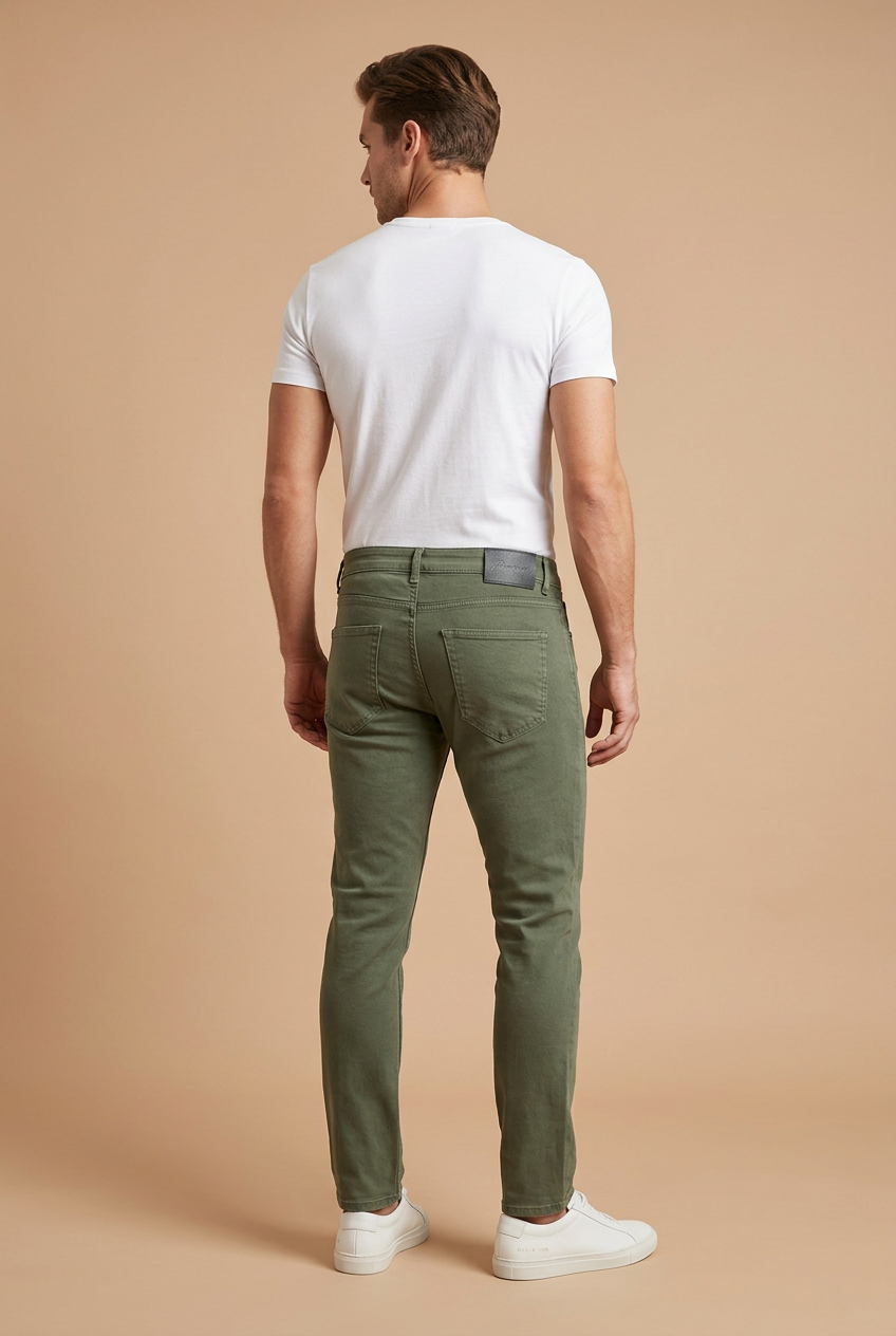 Rear-view male model in olive-green jeans